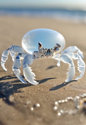 Photo of a transparent  crab made of soap bubbles, walking on beach, highly detailed, 