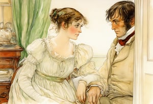 Art by Carl Larsson. A couple staring intensely at each other.  Elizabeth Bennet and Mr. Darcy from Pride and Prejudice