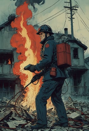 A fireman, Guy Montag from Fahrenheit 451, torching a pile of books with a flamethrower.