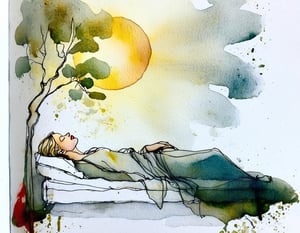 archdrafting, Watercolor draft illustration of patterned illumination casting a tree branch shadow a blonde woman, sleeping peacefully in the morning sunlight. The golden rays stream through a window, casting gentle shadows around her face, accentuating her full red lips and soft features