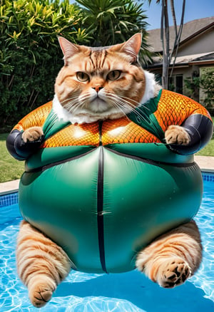 Photo of obese cat dress as Aquaman floating on a inflatable in a swimming pool