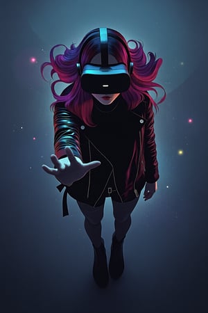 dreamy art. Overhead shot of a Woman in Black Cyberpunk leather jacket and boots, VR Headset, with her right hand reaching out toward viewer,