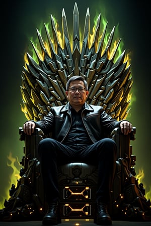 The throne is a towering, intricate gaming computer , witht the word "H100" written on it.  Under it are stack of  NVIDIA GPUs, all ablaze with flickering green and yellow flames, symbolizing the power and intensity of cutting-edge technology. Sitting confidently on this throne is Jensen Huang, a short, 50-year-old Asian man with glasses, graying hair, and his signature black leather jacket. His posture is relaxed but commanding, embodying the cool authority of a tech titan. The flames from the GPUs cast dynamic, glowing reflections off his glasses and jacket, emphasizing his central role in this tech-empire parody. The overall image blends the epic, regal atmosphere of Game of Thrones with a modern twist, paying homage to both the fantasy series and the world of high-performance computing.