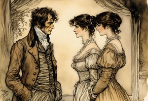 Art by Arthur Rackham. A couple staring intensely at each other.  Elizabeth Bennet and Mr. Darcy from Pride and Prejudice