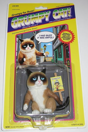 ral-afpacking. An unopened action figure package featuring "Grumpy Cat," a sad-looking Grumpy Cat with teary eyes, holding a small sign that reads "Awfull Buzz." Grumpy Cat is posed sitting down with a pitiful expression, and a droopy posture. The packaging is brightly colored, with cartoonish illustrations of the Grumpy Cat on the sides and a speech bubble on the front that says, "I had buzz once, it was awfull!" The background inside the package shows a city alley, emphasizing Grumpy Cat's plight. The title "Grumpy Cat" is written in bold, playful letters at the top, with the tagline "Grumpy for Buzz!"