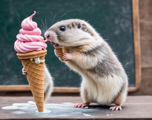 Ch4lk4rt, a very soft and fluffy blurry chalk drawing of a lemming eating ice cream, pastel color, on a chalk board