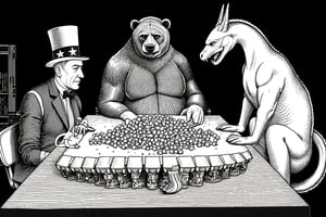 BALLPOINT PEN PAINTING. Create a satirical and symbolic illustration titled 'Nuclear Poker,' featuring Uncle Sam, a large bear (representing Russia), and a dragon (representing China) seated around a poker table. They are engaged in an intense game, with a large pile of miniature missiles in the center of the table as their stakes. Uncle Sam is on the leftwearing his iconic red, white, and blue outfit, the bear sits in the midle, hulking and serious. The dragon is on the right, poised and watchful. The setting is a dark, moody room, with a world map or nuclear warning signs subtly placed in the background. The overall tone should blend humor, symbolism, and geopolitical commentary,