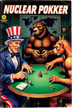 Vintage comic book cover. Create a satirical and symbolic illustration titled 'Nuclear Poker,' featuring Uncle Sam, a large bear (representing Russia), and a dragon (representing China) seated around a poker table. They are engaged in an intense game, with miniature missiles in the center of the table as their stakes. Uncle Sam is on the leftwearing his iconic red, white, and blue outfit, the bear sits in the midle, hulking and serious. The dragon is on the right, poised and watchful. The setting is a dark, moody room, with a world map or nuclear warning signs subtly placed in the background. The overall tone should blend humor, symbolism, and geopolitical commentary,