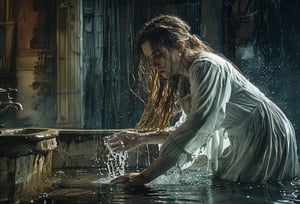 Photo of Lady Macbeth wearing a medieval night gown,  disheveled hair, washing her hands in a dirty pool of water, stylized, Light, epic atmosphere, theatrical, 