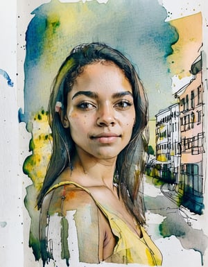 Portrait of a beautiful Brazilian woman. watercolor sketch, archdrafting, drafting of building, downtown Rio de Janeiro, pastel colors, straight lines, geometric shapes