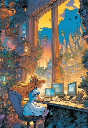 Disney Alice in Wonderland, hacking on a computer. Large window, cyberpunk cityscape, art by Masamune Shirow