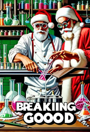 TEXT LOGO "Breaking Good" Photo Santa Clause and Elves cooking meth in a lab,  wearing chemist goggles,  art by J.C. Leyendecker,  Canon 5d Mark 4,  Kodak Ektar,  neon light,TEXT LOGO,none