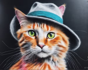 Ch4lk4rt, a very soft and fluffy blurry colorful chalk drawing of a (soft chalk cat face) wearing a hat, on a chalk board