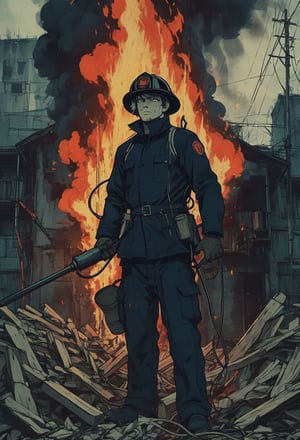 Dark anime.  A fireman, Guy Guy Montag from Fahrenheit 451, setting a large pile of books with a flame thrower.