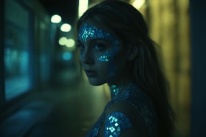 cinematic film still of   A silhouette photo of a mosaic princess looking at camera in a dark street at blue night with her face casting window curtain shadow style, shallow depth of field, vignette, highly detailed, high budget, bokeh, cinemascope, moody, epic, gorgeous, film grain, grainy