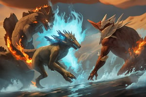 Two creatures fighting in a desert oasis.  One creature is made of fire.  The other creature is made of water. Steam is between them.