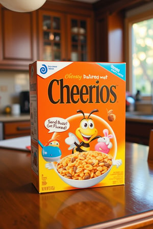 General Mills 'Honey Nut Cheerios' cereal box sitting on a kitchen table. The box is prominently displayed in the center of the table, featuring the iconic orange and yellow colors with the bee mascot and a bowl of Cheerios on the front. There is a speech bubbled on the box that say 'Send Buzz! Get Fluxed!'