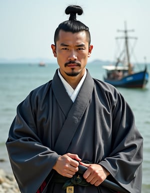 A Japanese man dressed as a Samurai, with a chonmage  haircut. His left hand are on the hilt of his sword carried around his waist. Background is the sea with a fishing boat