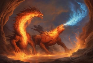 Fantasy painting of two mythical creatures fighting in a desert oasis. One is made of flaming fire. The other is made of fluid water. Steam is between them.