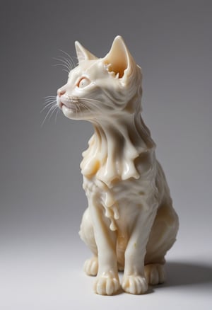 Profile of a wax sculpture of a kitten, looking up, melting
