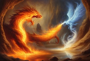 Fantasy painting of two mythical creatures fighting in a desert oasis. One is made of flaming fire. The other is made of fluid water. Steam is between them.