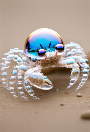 Photo of a transparent  crab made of soap bubbles, walking on beach, highly detailed, 