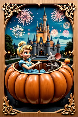 A carved wooden panel featuring a couple driving to the ball in a car shaped like a big, round pumpkin. Cinderella is sitting in the passenger seat on the left, dressed in her sparkling blue gown, and a diamond crown on her short blond hair, adding a modern and edgy twist to her classic look. The driver, a mouse, is sitting on the right, gripping the wheel, determined to get her there on time. In the background, a grand, magical castle stands tall, with vibrant fireworks lighting up the sky. The scene is set at dusk, with soft, warm lighting highlighting the playful, fairytale atmosphere. Dynamic, cartoonish style, bright colors, wide-angle view, cinematic framing,