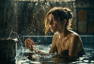 Photo of Lady Macbeth,  disheveled hair, washing her hands in a dirty pool of water, stylized, Light, epic atmosphere, theatrical, 