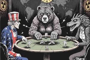 Junji Ito style. Create a satirical and symbolic illustration titled 'Nuclear Poker,' featuring Uncle Sam, a large bear (representing Russia), and a dragon (representing China) seated around a poker table. They are engaged in an intense game, with miniature missiles in the center of the table as their stakes. Uncle Sam is on the leftwearing his iconic red, white, and blue outfit, the bear sits in the midle, hulking and serious. The dragon is on the right, poised and watchful. The setting is a dark, moody room, with a world map or nuclear warning signs subtly placed in the background. The overall tone should blend humor, symbolism, and geopolitical commentary, 