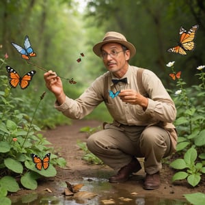 Entomologist catching butterflies with a butterfly-catcher 