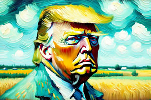 v0ng44g, p0rtr14t, soft blurry oil painting portriat of a close up shot of a (((Donald Trump by van Gogh))), farm field backdrop heavy brush strokes, by van Gogh