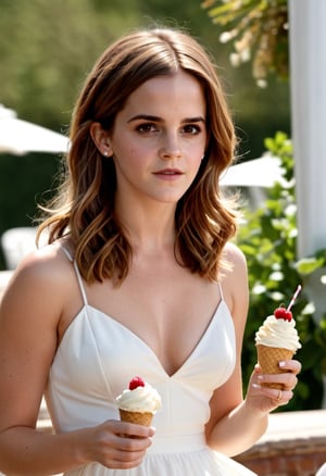Photo Emma Watson, long hair, eating ice cream, white spaghetti strap summer dress
