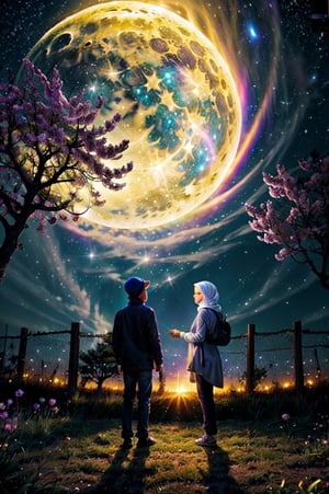 (1boy wearing cap) and (1girl wearing hijab), Standing in flower field looking up (full moon), (shooting stars), (nebula), (sakura0), warm light source:), (firefly), intricate details, volumetric lighting,   High-definition image,  (Masterpiece,  Best Quality,  8k, good face, ,High detailed , colorful details, (rainbow colors),(glowing lighting, atmospheric lighting), dreamy, magical.