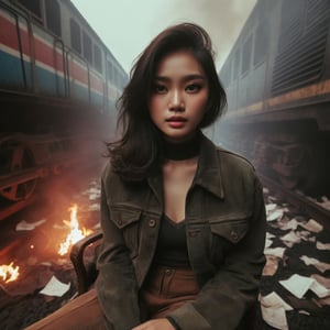 (masterpiece), (best quality), (extremely detailed)), ((One Beauty Indonesian Girl)) solo, medium shot, wearing jacket outfit, running on rail train, loating papers, damaged train background, masterpieces, HD quality, dark, haze and smoke.background features a subtle bokeh effect, enhancing the dreamlike atmosphere. With an HDR ratio of 1.5, the image showcases high contrast, emphasizing the interplay between darkness and light. The cinematic composition is enriched with a soft pink and tosca color grading at 0.85 intensity, infusing the scene with a mesmerizing aesthetic. Muted colors, dim colors, and soothing tones of 1.4 create an otherworldly ambiance. The overall saturation is intentionally kept low, enhancing the mysterious allure of the composition. background nature,wearing mini earring, ugly fingers, 5 finger, ultrasharp
,aesthetic portrait,detailmaster2,xxmixgirl,dark moody atmosphere,LegendDarkFantasy,Movie Still,more detail XL,shards,Cinematic ,chinese girls,Masterpiece,xxmix_girl,FilmGirl