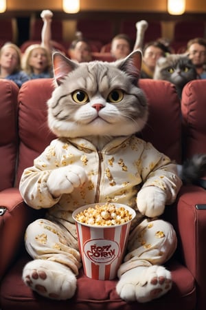 Picture of a cat that is acting like a human,  hodling pop corn,  the cat is sitting on sofa,  Human sized cat in movie theater  the cat is wearing pijamas and looking sleepy, 