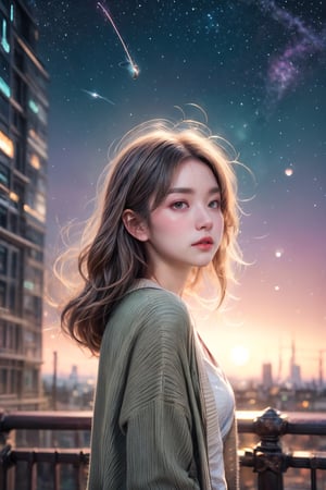 (close-shot photo:1.4) of a beatutiful woman wearing cardigan on a city light embers of memories, colorful, (photo-realisitc), night full of stars background, exposure blend, medium shot, bokeh, (hdr:1.4), high contrast, (cinematic, teal and green:0.85), (muted colors, dim colors, soothing tones:1.3), low saturation,fate/stay background,yofukashi background,(pureerosface_v1:0.8), (ulzzang-6500-v1.1:0.8), ,firefliesfireflies,EpicArt,sunset_scenery_background,fantasy00d,DonMC3l3st14l3xpl0r3rsXL