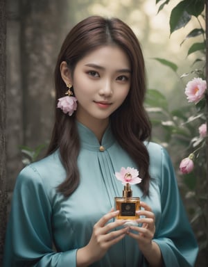 ((masterpiece), (best quality), (extremely detailed)), Beauty Girl, brown hair,  smile face, holding a perfume, flower all around In a realm shrouded in eternal twilight, a hauntingly surreal scene unfolds. The focus is on a darkangel wafu, captured in a blend of light and shadow, in a medium shot. The background features a subtle bokeh effect, enhancing the dreamlike atmosphere. With an HDR ratio of 1.5, the image showcases high contrast, emphasizing the interplay between darkness and light. The cinematic composition is enriched with a soft pink and tosca color grading at 0.85 intensity, infusing the scene with a mesmerizing aesthetic. Muted colors, dim colors, and soothing tones of 1.4 create an otherworldly ambiance. The overall saturation is intentionally kept low, enhancing the mysterious allure of the composition. background marble, wearing mini earring, wearing modesty dressed, aesthetic portrait,detailmaster2, 5 fingers,
,aesthetic portrait,detailmaster2,,TechStreetwear,Clear Glass Skin,DonM3lv3nM4g1cXL,Mechanical part,mecha,xxmix_girl,hubggirl,FilmGirl,Enhanced All,Masterpiece,1 girl ,solo
