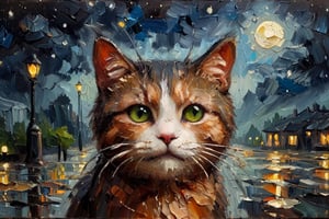 Painting in 1930s. Cat face, Rainy, moonless night.  oil painting,  palette knife painting