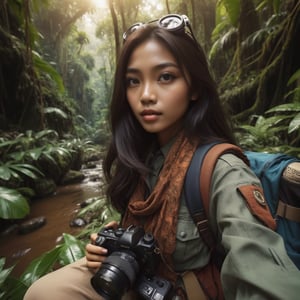 masterpiece), (best quality), (extremely detailed)), ((A beauty Indonesian girl) , solo, fish eye, medium shot, wearing Adventure Outfit, Holding Camera, in Jungle and Animal background , Masterpiece, cinematic movie scene, HD quality ugly fingers, 5 finger, UltraSharp. sepia effect color grading  ,aesthetic portrait,1 girl 