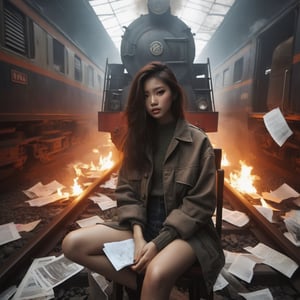 (masterpiece), (best quality), (extremely detailed)), ((One Beauty Indonesian Girl)) solo, medium shot, wearing jacket outfit, running on rail train, loating papers, damaged train background, masterpieces, HD quality, dark, haze and smoke.background features a subtle bokeh effect, enhancing the dreamlike atmosphere. With an HDR ratio of 1.5, the image showcases high contrast, emphasizing the interplay between darkness and light. The cinematic composition is enriched with a soft pink and tosca color grading at 0.85 intensity, infusing the scene with a mesmerizing aesthetic. Muted colors, dim colors, and soothing tones of 1.4 create an otherworldly ambiance. The overall saturation is intentionally kept low, enhancing the mysterious allure of the composition. background nature,wearing mini earring, ugly fingers, 5 finger, ultrasharp
,aesthetic portrait,detailmaster2,xxmixgirl,dark moody atmosphere,LegendDarkFantasy,Movie Still,more detail XL,shards,Cinematic ,chinese girls,Masterpiece,xxmix_girl,FilmGirl