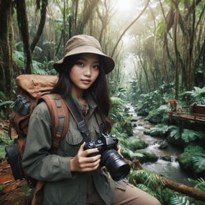 Prompt: masterpiece), (best quality), (extremely detailed)), ((A beauty Indonesian girl) , solo, fish eye, medium shot, wearing Adventure Outfit, Holding Camera, in Jungle and Animal background , Masterpiece, cinematic movie scene, HD quality ugly fingers, 5 finger, UltraSharp. sepia effect color grading ,aesthetic portrait,1 girl, detailed eyes,