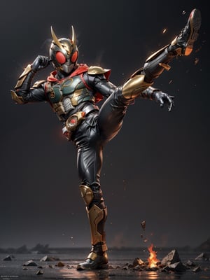 Kamen rider, 2 horns, ultra hd, detailed body, full body, detailed hands, detailed face, detailed blue eyes, red sweater, gold sleeves, hood, low hood, water floating, some fire and glitter background, hdr,Kamen_Rider_Black_RX
