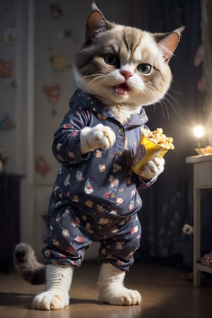 Picture of a cat that is acting like a human,  holding pop corn and eat popcorn,  the cat is standing on legs,  Human sized cat in dark room,  the cat is wearing pyjamas and looking sleepy, blurry background.
