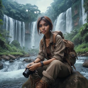 Prompt: masterpiece), (best quality), (extremely detailed)), ((A beauty Indonesian girl) , solo, fish eye, medium shot, wearing Adventure Outfit, Holding camera, sitting in big stones, in Jungle and waterfall background , Masterpiece, cinematic movie scene, HD quality ugly fingers, 5 finger, UltraSharp. sepia effect color grading ,aesthetic portrait,1 girl, detailed eyes,