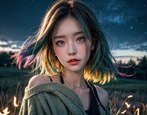 (close-shot photo:1.2) of a beatutiful woman wearing cardigan on a open field, embers of memories, colorful, (photo-realisitc), nebula background, nebula theme,exposure blend, medium shot, bokeh, (hdr:1.4), high contrast, (cinematic, teal and green:0.85), (muted colors, dim colors, soothing tones:1.3), low saturation,fate/stay background,yofukashi background,(pureerosface_v1:0.8), (ulzzang-6500-v1.1:0.8),Beautiful eyes ,ASU1,bare shoulders,dream_girl,midjourney