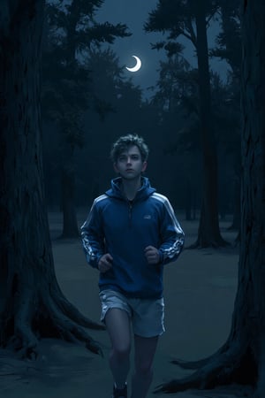 Under the cloak of night, the park transforms into a shadowy realm, illuminated only by the pale glow of a crescent moon. The young man, his dark blonde hair now a mere silhouette, jogs along the winding path, his blue track jacket and shorts blending into the darkness around him. The cool night air brushes against his skin, invigorating him as he moves with a steady rhythm, the sound of his footsteps muffled by the soft earth beneath.

His blue eyes, usually bright and alert, are narrowed against the darkness, but the music blaring through his earphones wraps him in a bubble of isolation, drowning out the nocturnal sounds of rustling leaves and distant owls. The path ahead is shrouded in shadows, the trees looming like sentinels, their branches swaying gently in the night breeze.

Yet, hidden among the thick underbrush and behind the gnarled trunks of ancient trees, a menacing figure watches with predatory intent. Cloaked in darkness, the figure’s features are obscured, but a glint of malice flickers in their eyes as they track the young man's every move. The stillness of the night heightens the tension, the young man blissfully unaware of the danger lurking just out of sight, the peaceful ambiance of the park now tinged with an unsettling undercurrent of threat.