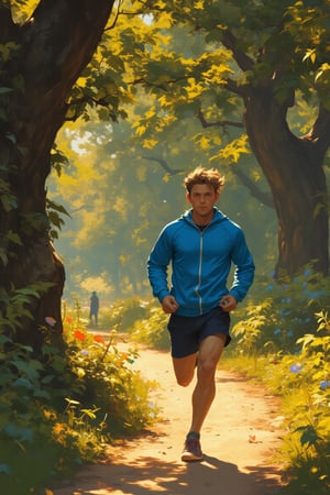 In a serene park bathed in the golden light of early morning, a young man jogs along a winding path. His dark blonde hair bounces lightly with each stride, catching the sun's rays, while his striking blue eyes scan the tranquil surroundings. He wears a fitted blue track jacket that clings to his athletic frame, paired with matching shorts that allow for easy movement. The rhythmic sound of his footsteps blends with the upbeat music pulsing through his earphones, creating a sense of blissful isolation in his world.

As he glides past vibrant patches of wildflowers and towering oak trees, the gentle rustle of leaves fills the air. However, unbeknownst to him, a shadow lurks just beyond the reach of the sunlight. From behind a thick cluster of bushes and the gnarled trunk of a large tree, a menacing figure watches intently. Cloaked in dark clothing that blends seamlessly with the shadows, the figure's eyes glint with a sinister intent. The tension in the air thickens, contrasting sharply with the young man's carefree jog, as the figure remains motionless, plotting and waiting, a stark reminder of the darkness that can hide in the most peaceful of places.