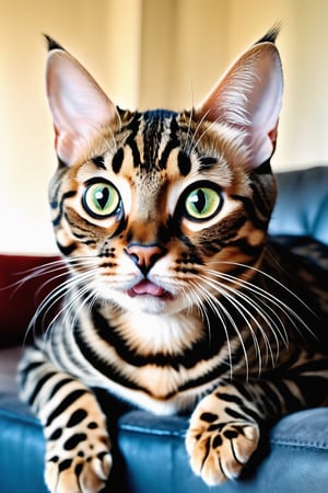 close up photo, real life, on Morten living room little Bengal cat look at the camera mouth,sit ,  big eye,adorable , natural colors, closeup, looking at viewer, 2 huge fangs