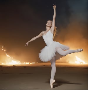 Masterpiece,realistic,at night,burning sky desert ,A beautiful girl, long hair flying to,cascading blonde, ballet round of long leg in the air,  in front of fired blur tank ,(perfect+cute face:1.3),white+white+colorless skin, pencil leg,wearing shabby+torn+dirty+tattered commoner clothes, rocket missile flying through,strong lighting, expose large breast, full_body.,wearing white broken ballet dress,Movie Still,Film Still,Cinematic,NightmareFlame,Cinematic Shot
