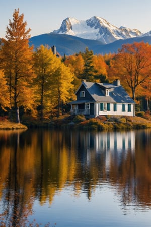 Masterpiece, ultra detail,realistic,  autumn , small glass hunter house near big quite lake, reflection house,camera form lake , fall forest alround lake, far snow mountain,,extrem big wind, mountain,impressionism
